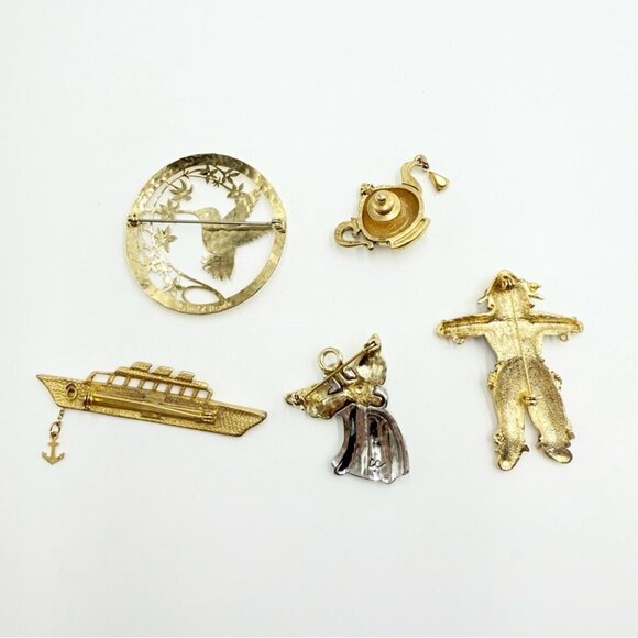 Vintage Gold Tone Hummingbird Cruise Ship Teapot Scarecrow Angel Pin Lots - Picture 6 of 10